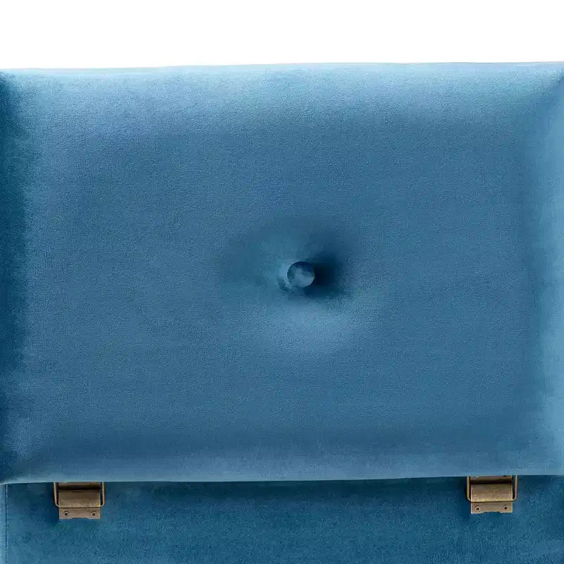 Velvet and Wood Storage Ottoman Blue/Oak: Padded, Rectangular Storage Seat