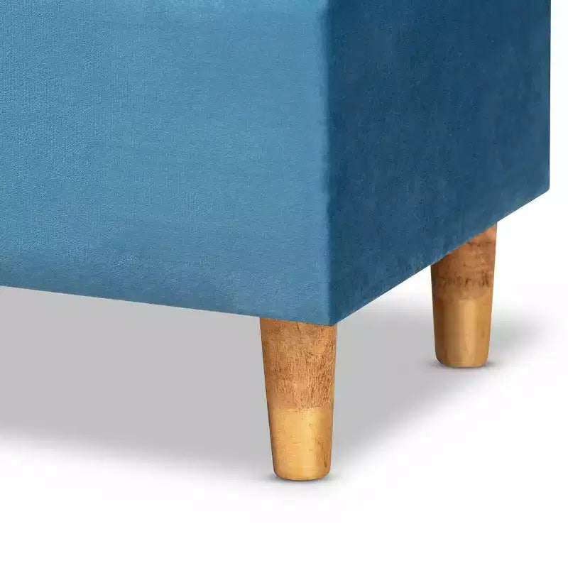 Velvet and Wood Storage Ottoman Blue/Oak: Padded, Rectangular Storage Seat