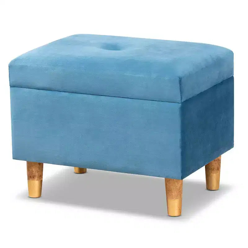 Velvet and Wood Storage Ottoman Blue/Oak: Padded, Rectangular Storage Seat