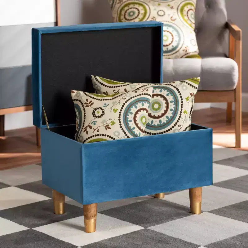 Velvet and Wood Storage Ottoman Blue/Oak: Padded, Rectangular Storage Seat