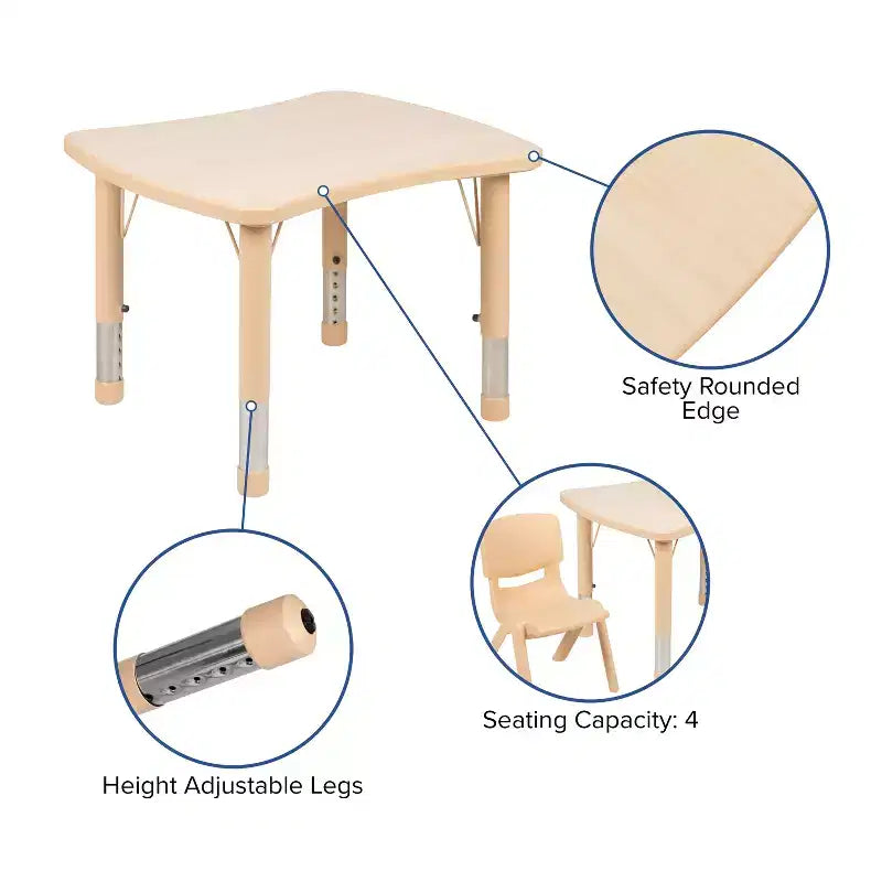 21.875W x 26.625L Rectangular Plastic Height Adjustable Activity Table with 4 Chairs