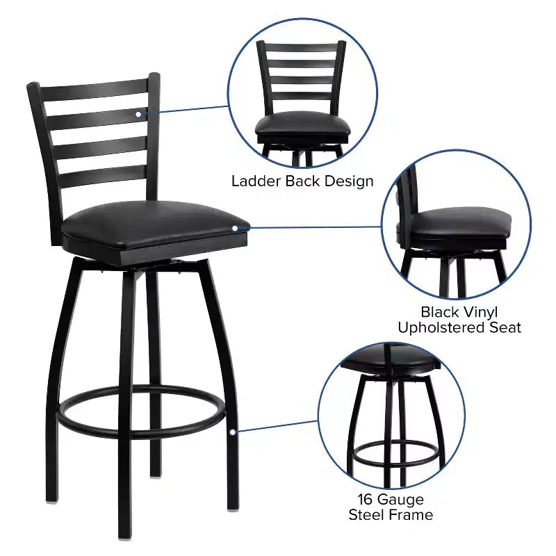 Black Ladder Back Swivel Metal Restaurant Dining Barstool