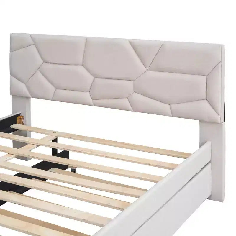 Upholstered Platform Bed with Brick Pattern Headboard and Trundle Bed