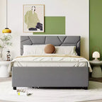 Upholstered Platform Bed with Brick Pattern Headboard and Trundle Bed