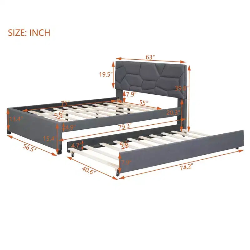 Upholstered Platform Bed with Brick Pattern Headboard and Trundle Bed