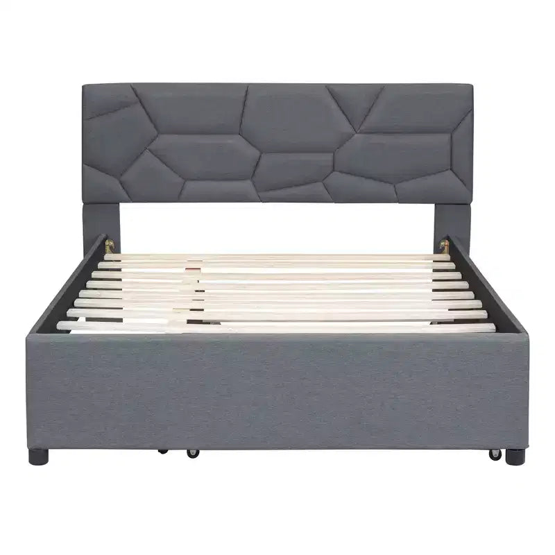 Upholstered Platform Bed with Brick Pattern Headboard and Trundle Bed