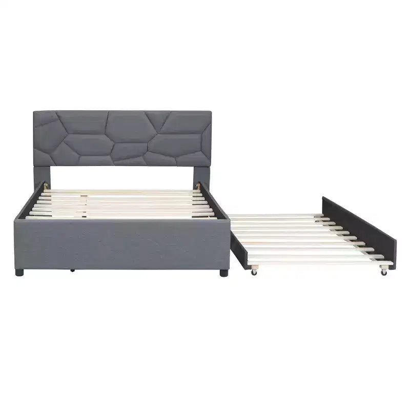Upholstered Platform Bed with Brick Pattern Headboard and Trundle Bed