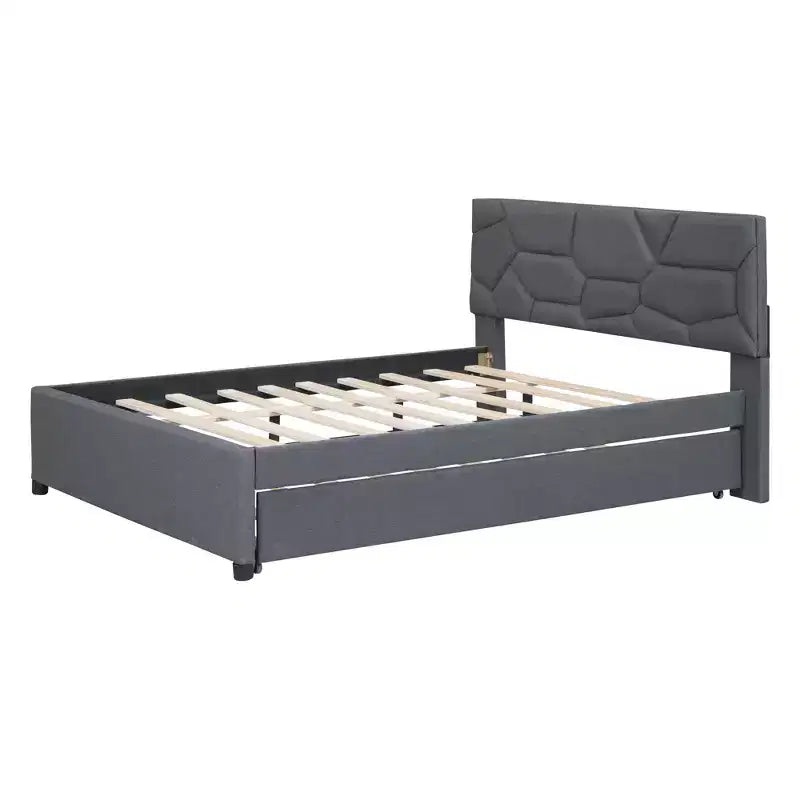 Upholstered Platform Bed with Brick Pattern Headboard and Trundle Bed