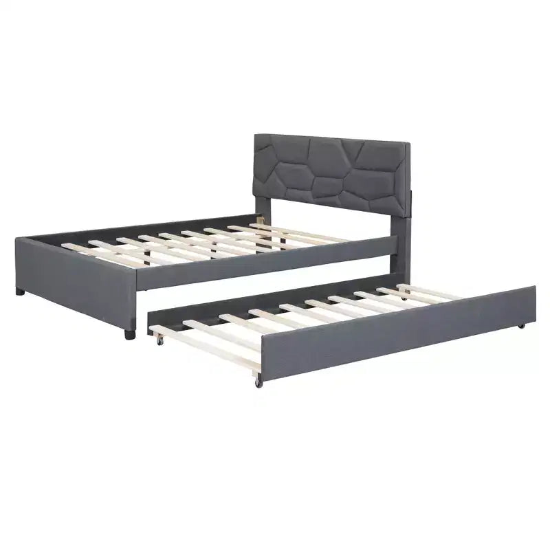 Upholstered Platform Bed with Brick Pattern Headboard and Trundle Bed