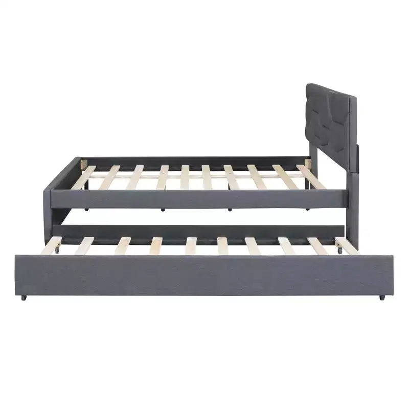 Upholstered Platform Bed with Brick Pattern Headboard and Trundle Bed
