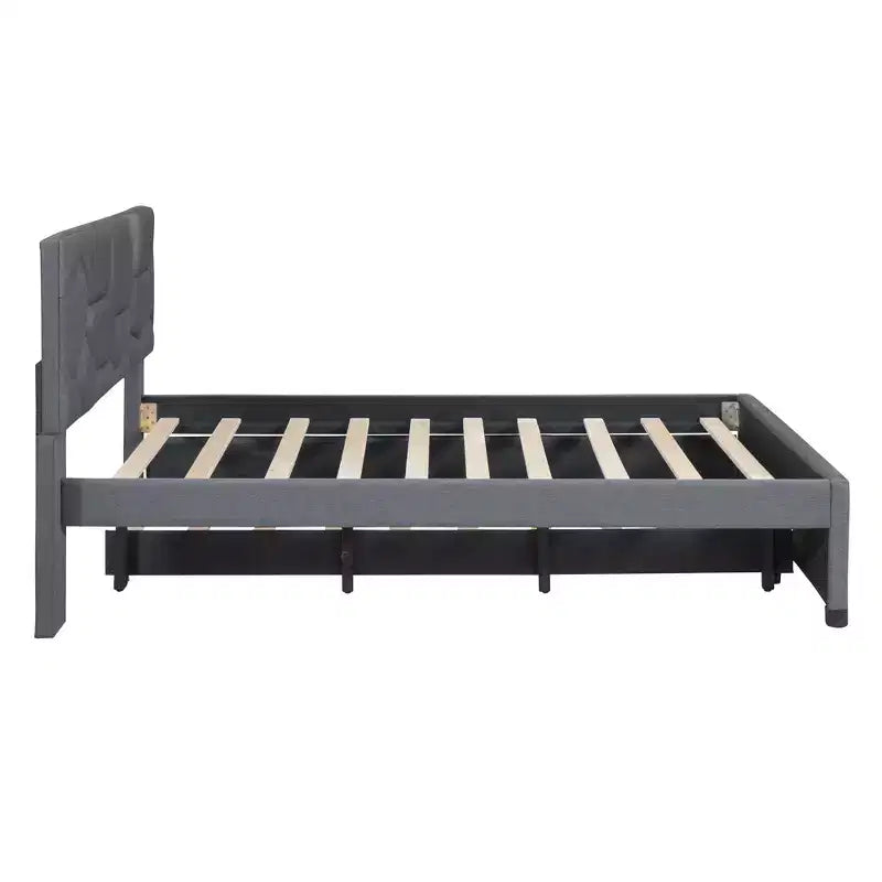 Upholstered Platform Bed with Brick Pattern Headboard and Trundle Bed