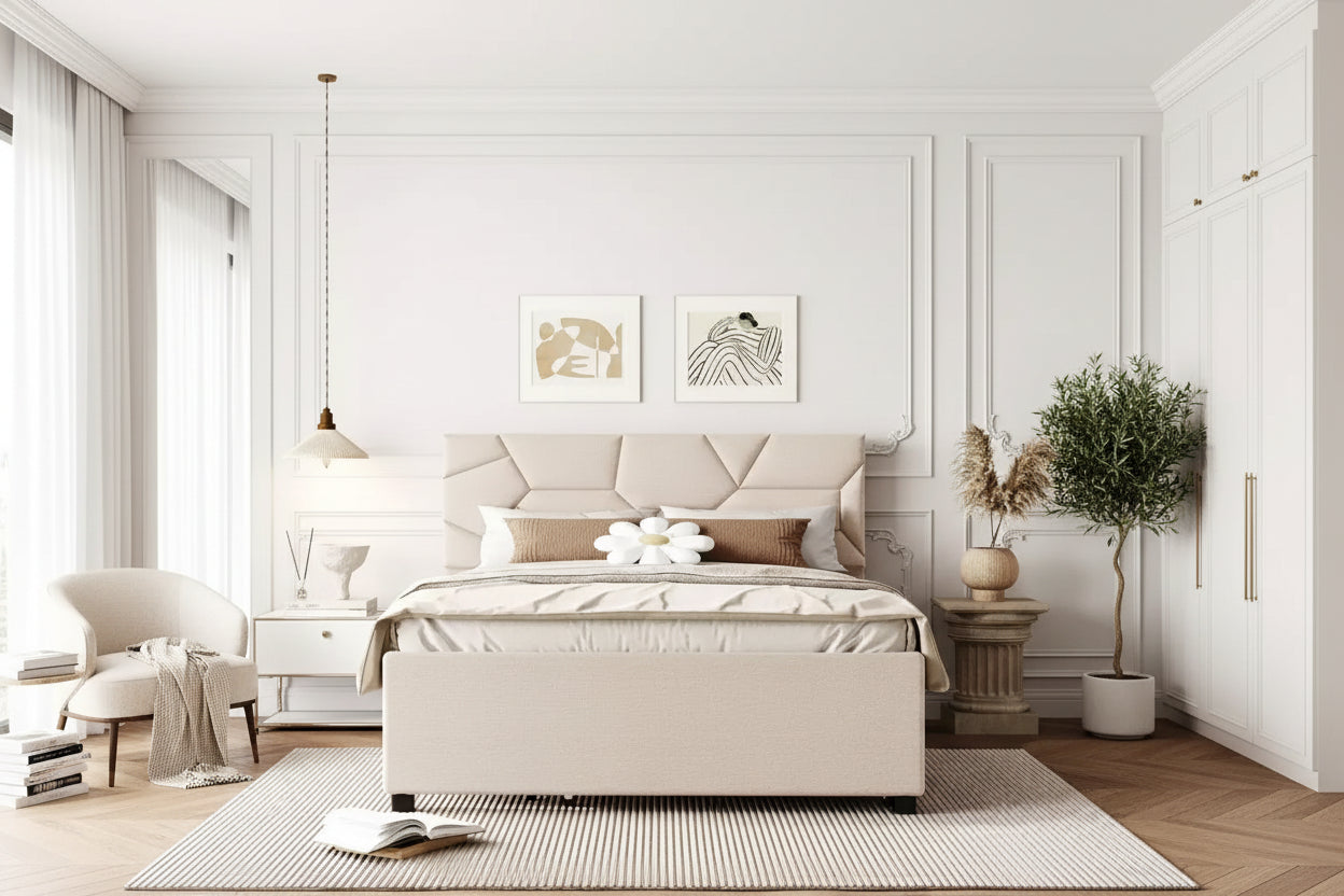 Upholstered Platform Bed with Brick Pattern Headboard and Trundle Bed