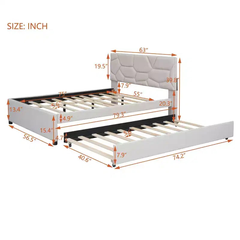 Upholstered Platform Bed with Brick Pattern Headboard and Trundle Bed