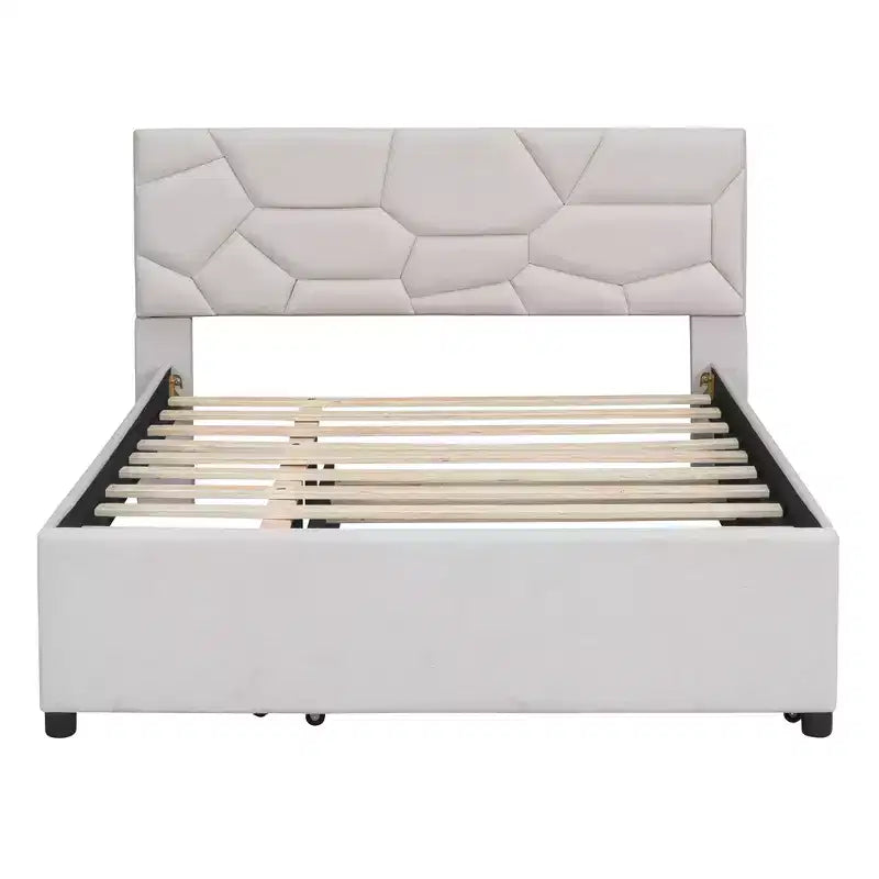 Upholstered Platform Bed with Brick Pattern Headboard and Trundle Bed