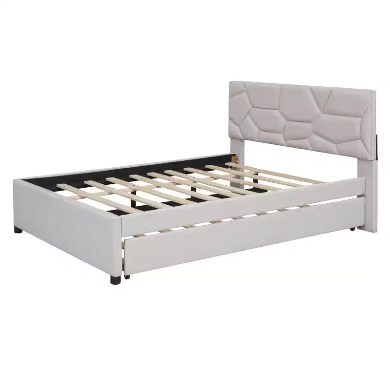 Upholstered Platform Bed with Brick Pattern Headboard and Trundle Bed