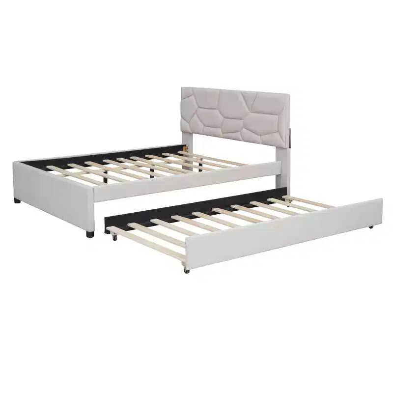 Upholstered Platform Bed with Brick Pattern Headboard and Trundle Bed