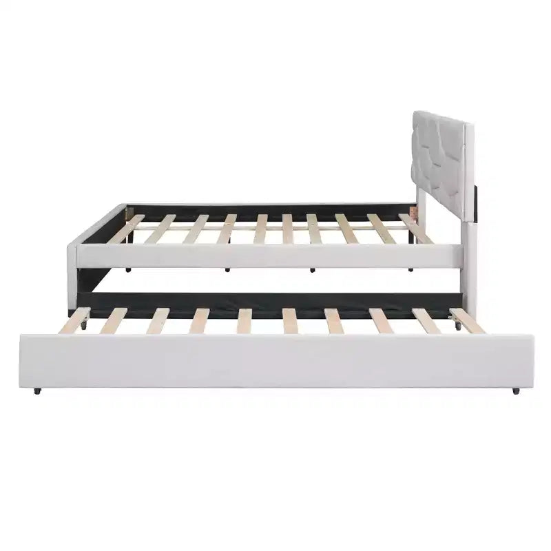 Upholstered Platform Bed with Brick Pattern Headboard and Trundle Bed
