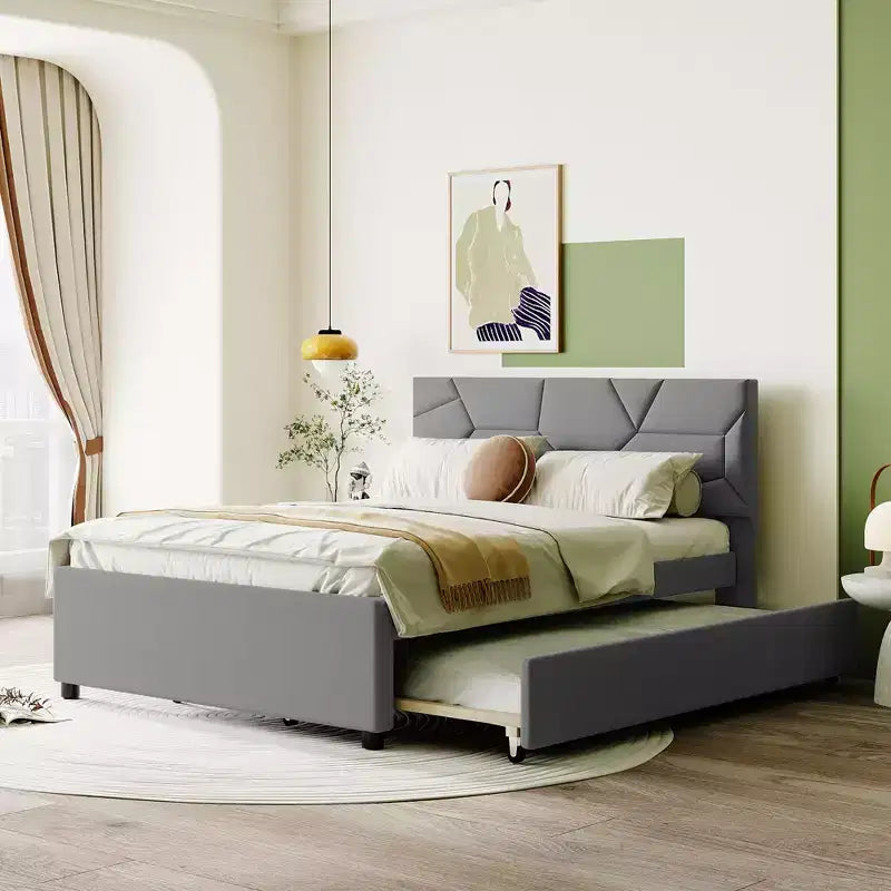 Upholstered Platform Bed with Brick Pattern Headboard and Trundle Bed
